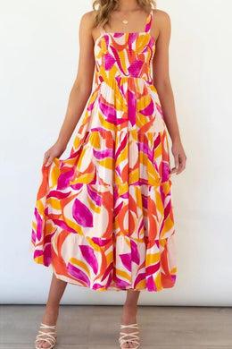 Smocked Square Neck Tiered Sleeveless Dress