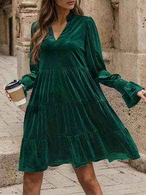 Notched Long Sleeve Tiered Dress